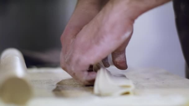 Close-up van pastadeeg. Udon noedels met de hand maken. — Stockvideo