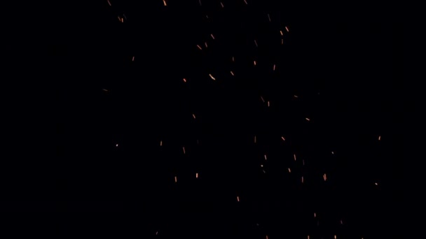 Καιγόμενες κόκκινες-καυτές σπίθες αναδύονται από μεγάλη φωτιά στο νυχτερινό ουρανό, σε αργή κίνηση. — Αρχείο Βίντεο