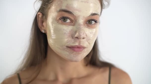 Young Beautiful Girl Applies Moisturizing Mask Her Face Brush Purifying — Stock Video