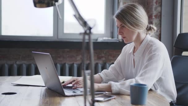 Junge Frau arbeitet für einen Laptop im Büro für die geschäftliche Korrespondenz. — Stockvideo