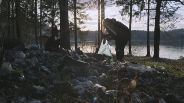 Junge Altruistin sammelt Müll im Wald. Säuberung des Waldes. — Stockvideo