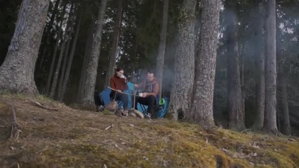 Een prachtige filmische opname van twee jonge toeristen, een man en een vrouw in hout. — Stockvideo