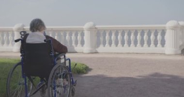 Yaşlı bir kadın deniz kenarında bir parkta oturuyor tekerlekli sandalyede kameraya doğru..