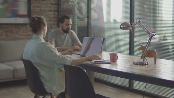 Los amigos están trabajando juntos en un proyecto común, sonriendo y riendo. — Vídeos de Stock