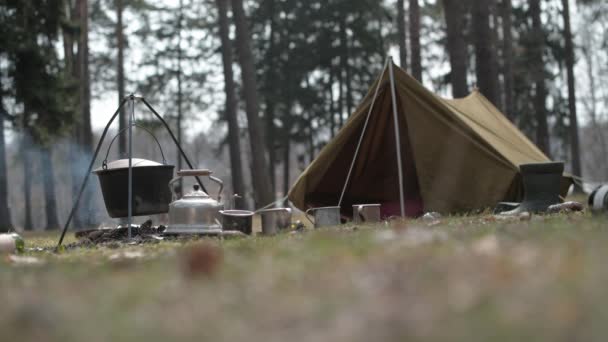 Utsikt över en vintage canvas turisttält på en campingplats i en tallskog. — Stockvideo