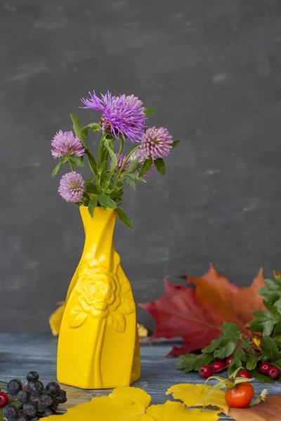 Bouquet Purple Flowers Yellow Vase Dark Background Autumn Composition Flowers — Stock Photo, Image