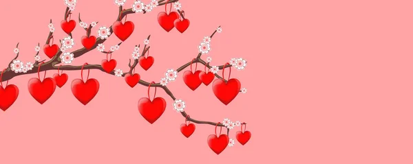 Beautiful Background Postcards Graphic Works Branch Pink Flowers Red Hearts — Stock Photo, Image