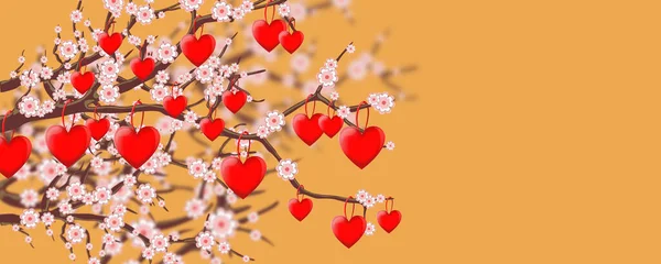 Beautiful Background Postcards Graphic Works Branch Pink Flowers Red Hearts — Stock Photo, Image