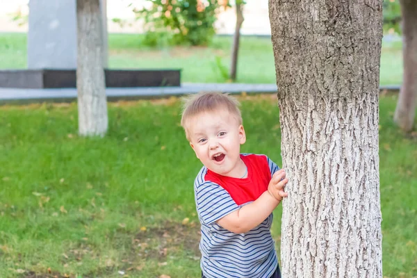 Portret Van Een Leuke Grappige Jongen Een Jongen Speelt Een — Stockfoto