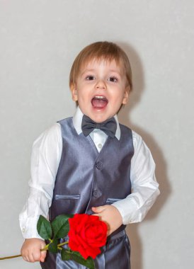 Küçük bir çocuk elinde kırmızı bir gül tutuyor ve teslim ediyor. Sevgililer Günü teması. Papyonlu takım elbiseli şirin bir çocuğun portresi. Sevgililer Günü. 