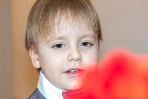 Egy Kisfiú Fogja Átnyújtja Vörös Rózsát Valentin Napi Téma Koncepcióját — Stock Fotó