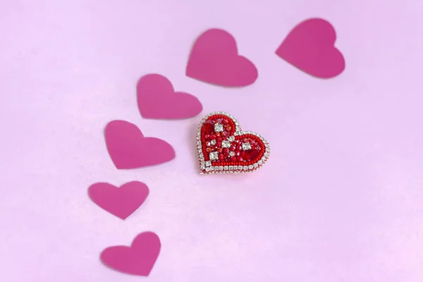 Červené Srdce Korálků Růžová Srdce Koncept Téma Valentýna Pozdrav Vyznávání — Stock fotografie