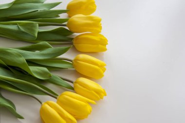 Bir buket taze sarı lale. Masanın üstünde bir buket lale var. İç kısımda bahar çiçekleri var. Bahar ya da tatil konsepti, 8 Mart, Uluslararası Kadınlar Günü, doğum günü. 