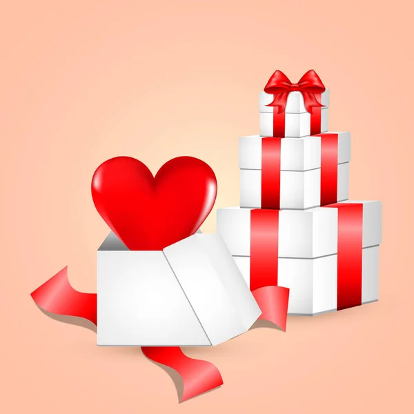 White Gift Box Red Satin Bow Heart Flies Open Gift — Stock Photo, Image