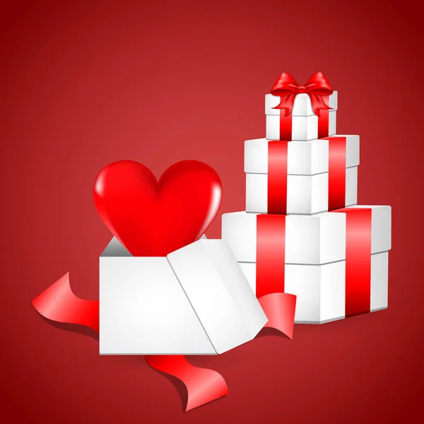 Белая Подарочная Коробка Красным Атласом Сердце Летит Открытого Подарка Завязанный — стоковый вектор
