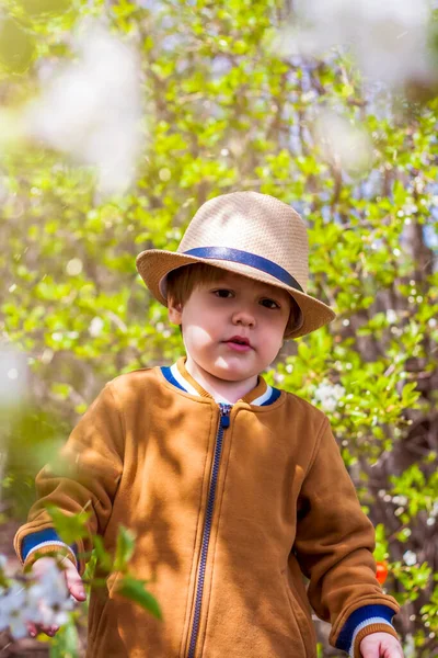 Cute Little Baby Boy Wearing Hat Garden Charming Little Kid — Stock Photo, Image