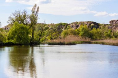 Güneşli bir günde bir ağacın dalları arasından göletin güzel manzarası. Dallar yayıldı. Doğal arka plan. Nehrin güzel manzarası. Bahar günü, seçim odağı