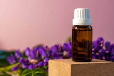 Kürsüde yağlı etiketsiz bir şişe. Bej-pembe arka planında şeker kutusu olan şeffaf cam bir kap. Ürün afişi. Metin ve tasarım için boşluk. Kozmetoloji ve güzellik kavramı 