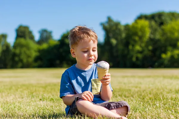 A happy boy is eating ice cream outdoors in the park. Refresh yourself with a cool ice cream on a hot day.