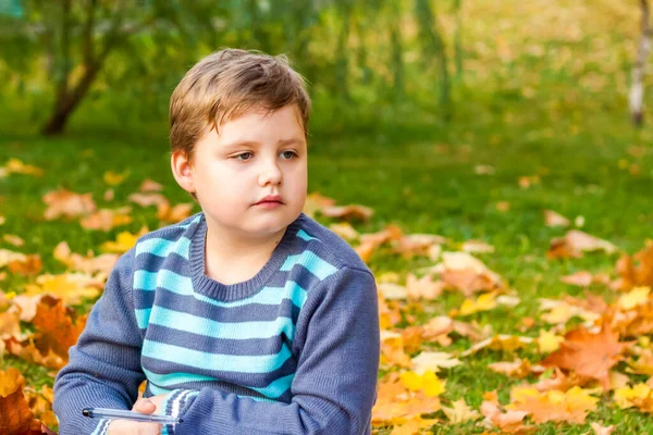 Jesienny Nastrój Chłopiec Troskliwie Rysuje Coś Swoim Zeszycie Jesienny Portret — Zdjęcie stockowe