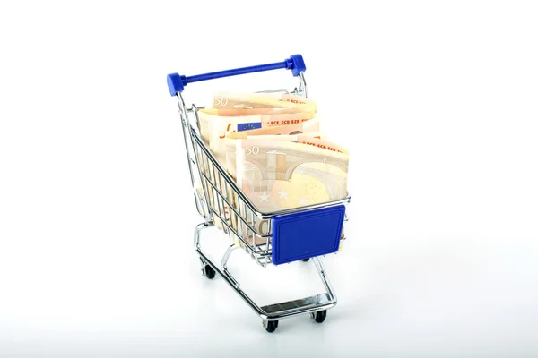 Shopping cart with euro banknotes — Stock Photo, Image