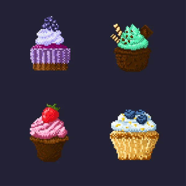 Dolce pixel. Set di torte pixel e muffin. Quattro varianti in forme diverse. Grafiche Vettoriali