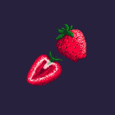 Pikselli çilek. Koyu mavi arka planda tam çilek ve bir dilim çilek.