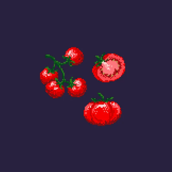 Пиксельный помидор. Куча помидоров на синем фоне. — стоковый вектор