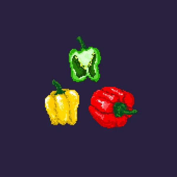 Pimenta de arte Pixel. Uma fatia de pimenta e pimenta inteira no fundo azul. —  Vetores de Stock
