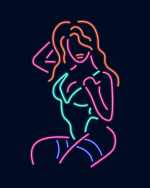 Neon silhouette di ragazza isolata su sfondo scuro . Vettoriali Stock Royalty Free