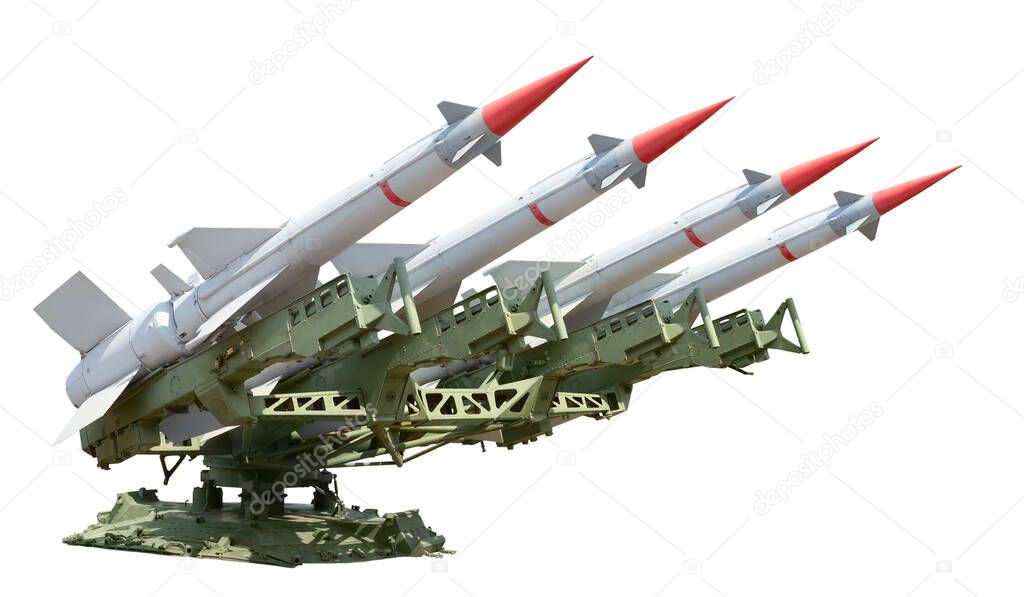 Anti-aircraft air defense missiles on the launcher. Side view. Isolated on white background 