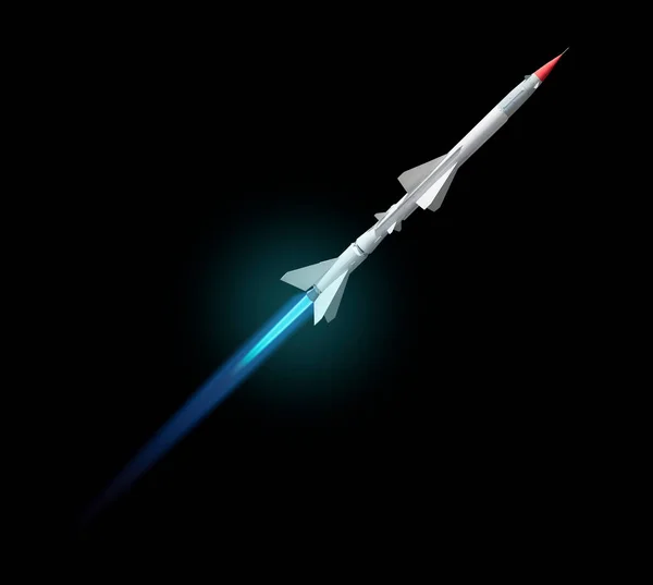 Çok Aşamalı Ateş Izli Bir Uzay Roketi Siyah Arkaplanda Izole — Stok fotoğraf