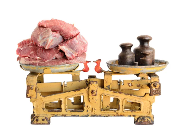 Raw meat on old scales — Stock Photo, Image