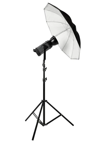Studio flash with umbrella and stand on white — Stock Photo, Image