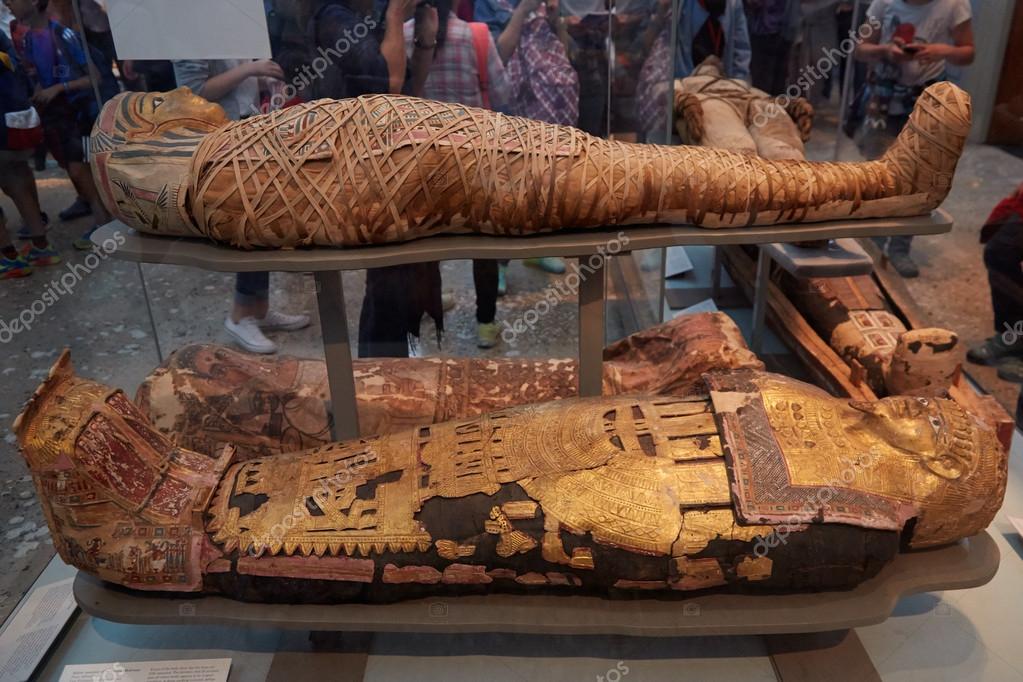 Mummies and sarcophagus in British museum in London Stock Editorial