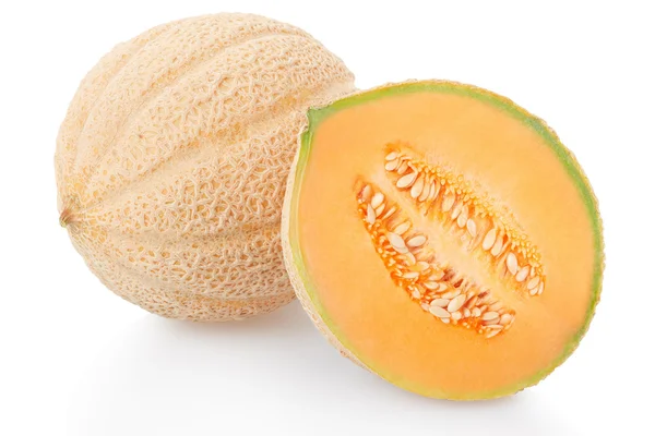 Cantaloupe melon and half on white, clipping path — Stock Photo, Image