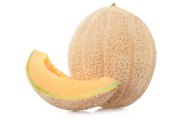 Cantaloupe melon with slice on white, clipping path