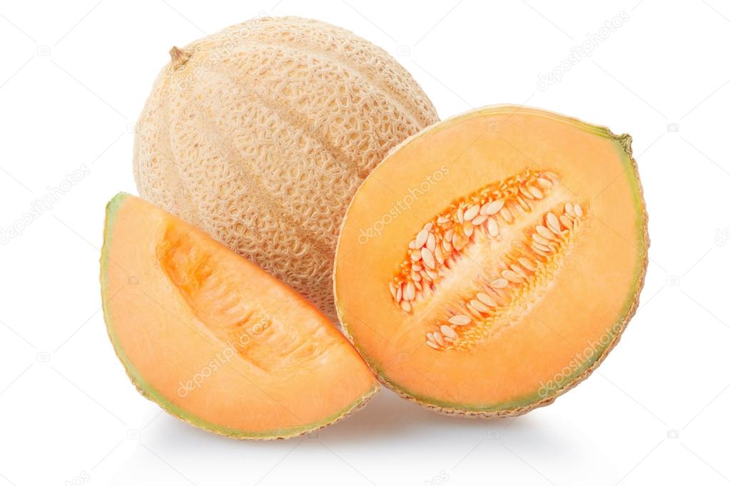 Cantaloupe melon section and slice on white