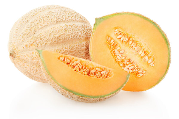 Cantaloupe melons group on white, clipping path