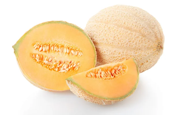 Cantaloupe melon section and slice on white, clipping path — Stock Photo, Image