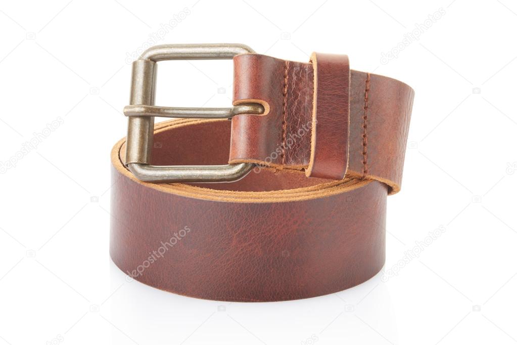 Brown leather belt on white