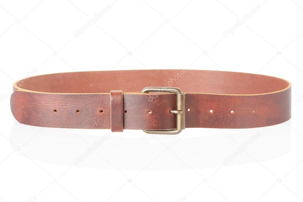 Brown leather belt with buckle on white