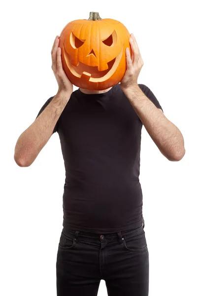 Halloween pumpkin on man head on white — Stock Photo, Image