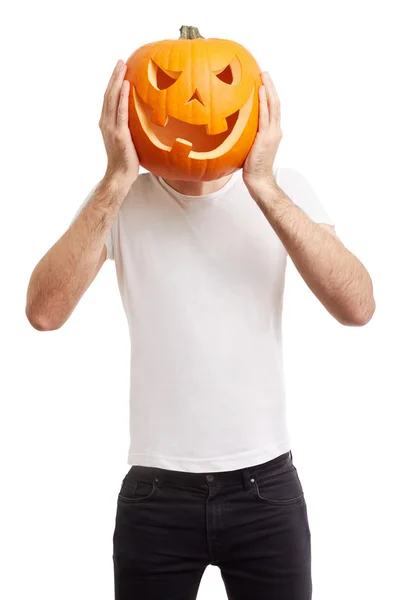 Halloween pumpkin on man head — Stock Photo, Image