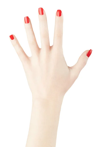 Esmalte de uñas rojo en la mano de mujer levantado —  Fotos de Stock