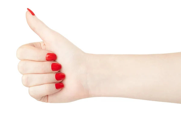Vrouw hand met rode nagellak duim omhoog — Stockfoto