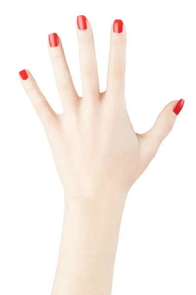Red nail polish on woman hand raised up — Stock Image Red nail polish on woman hand raised up Royalty Free Stock Images