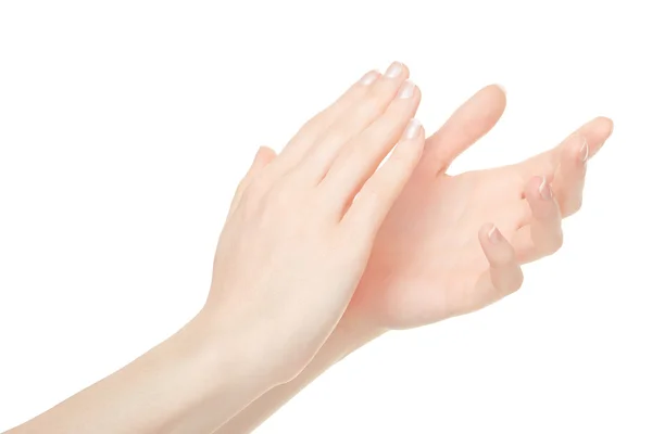 Woman clapping hands, applause on white — Stockfoto