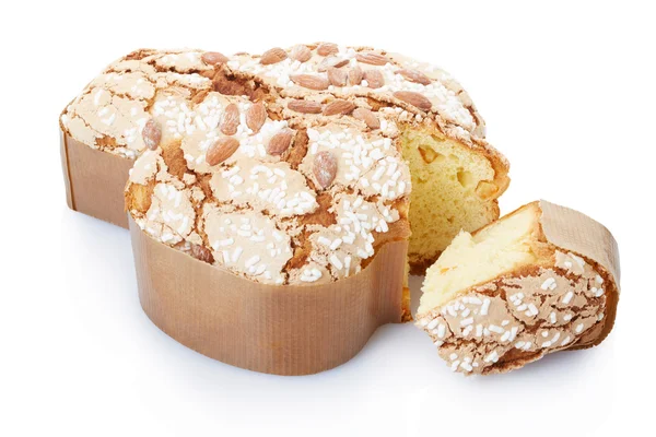 Colomba, italian Easter cake in fom of a dove with slice — Zdjęcie stockowe