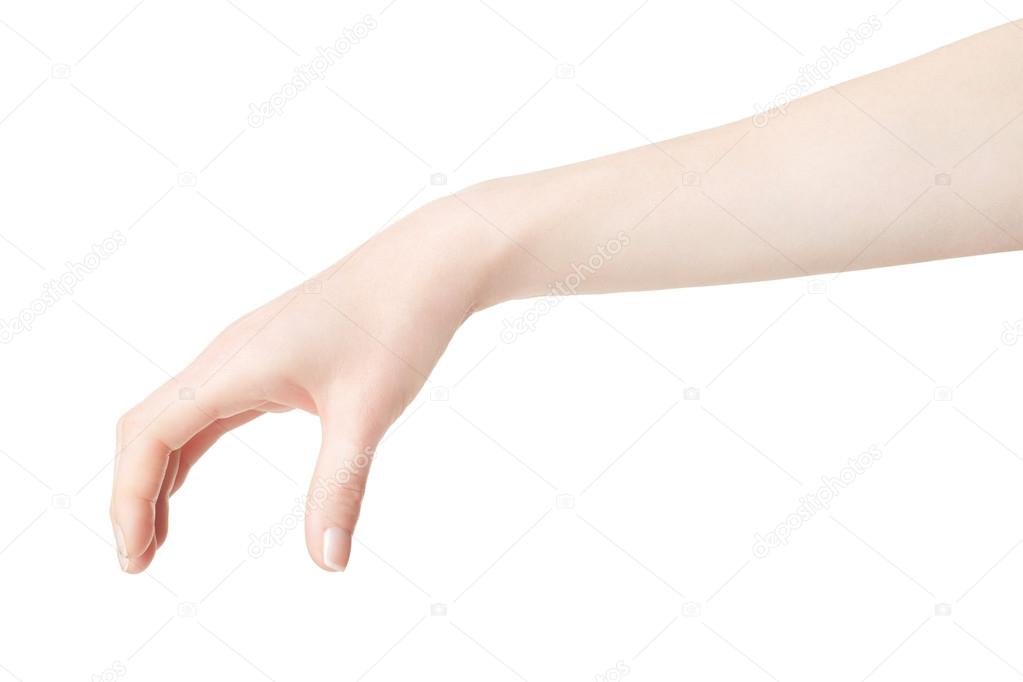 Woman hand picking up something on white